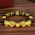 Double Pixiu black obsidian bracelet gold fortune bead six syllable mantra Taoist KaiGuang wealth attraction warm light wood