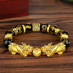 Double Pixiu black obsidian bracelet gold fortune bead six syllable mantra Taoist KaiGuang wealth attraction warm light wood