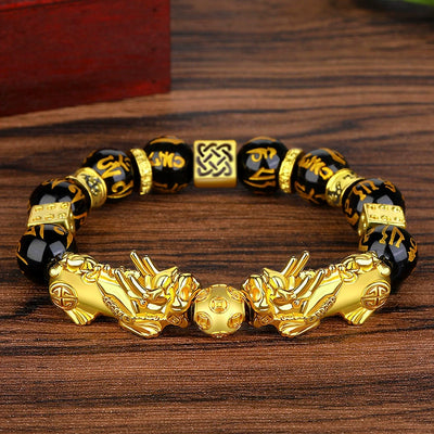 Black Obsidian Double Pixiu Bracelet | Taoist KaiGuang Wealth Attraction Guardian