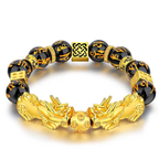 
Alt: Double Pixiu wealth bracelet top view black obsidian gold beasts fortune bead infinity knot Taoist KaiGuang talisman