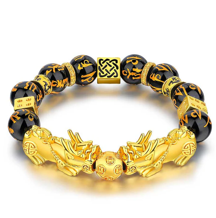 
Alt: Double Pixiu wealth bracelet top view black obsidian gold beasts fortune bead infinity knot Taoist KaiGuang talisman