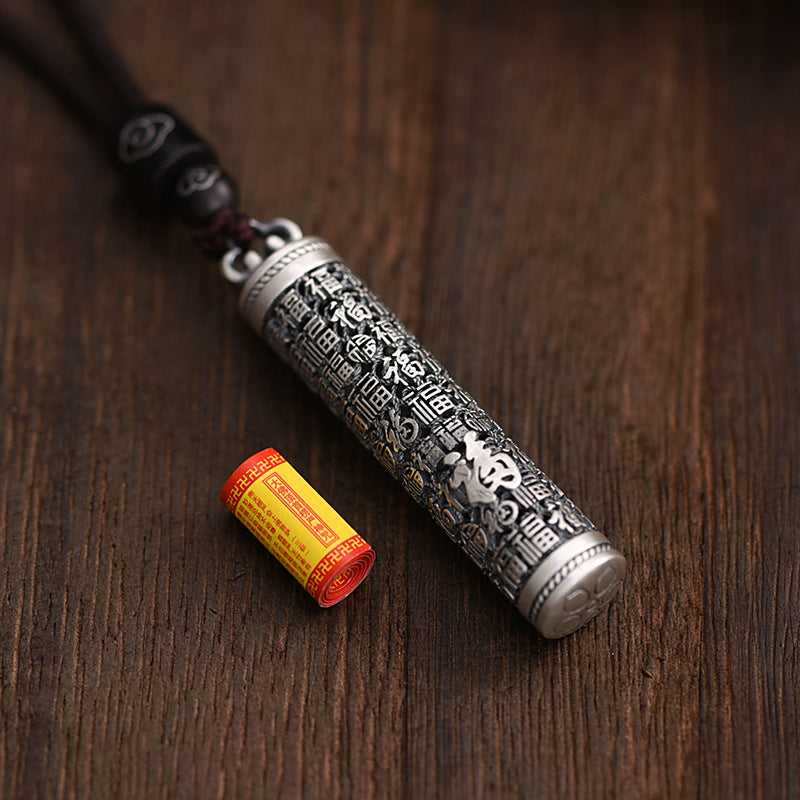 dragon fu cylinder pendant taoist kaiguang evil ward protection cinnabar talisman scroll hidden chamber dark wood