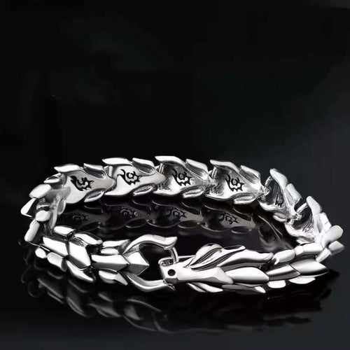 dragon titanium bracelet silver chain links taoist kaiguang amulet men evil ward spiritual shield white background