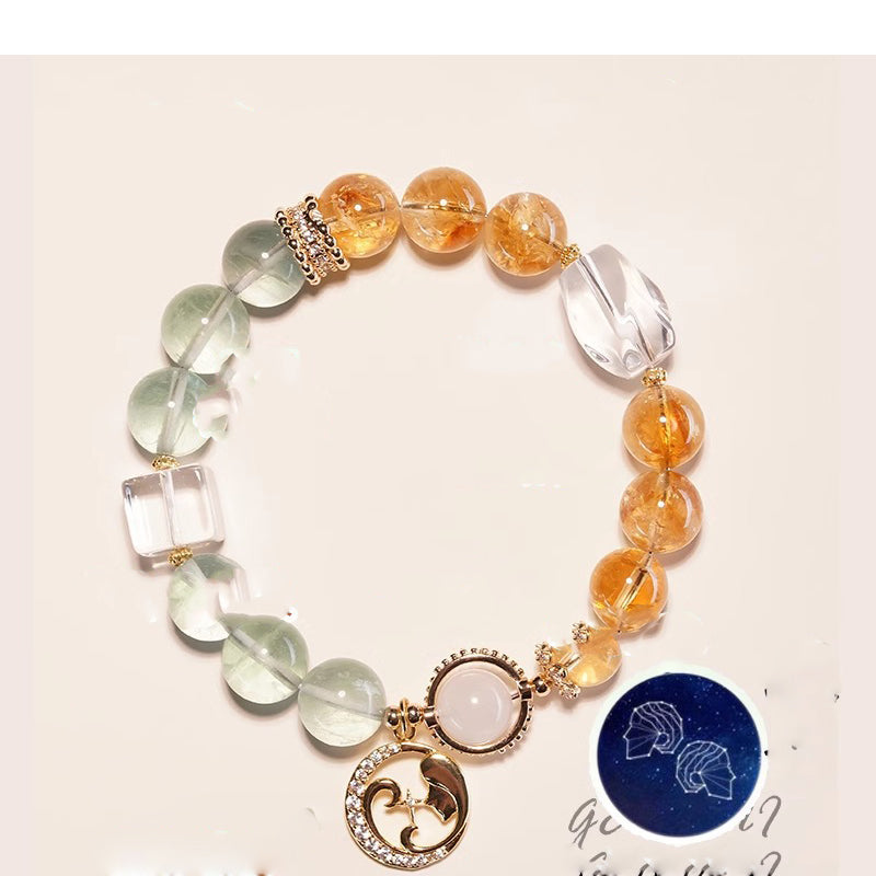 Gemini zodiac green fluorite citrine and clear quartz crystal healing bracelet with gold moon constellation charm Taoist KaiGuang manifestation spiritual jewelry