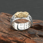 Gold Pixiu 925 silver ring close up showing red eye KaiGuang consecration outer coin rune and inner scripture