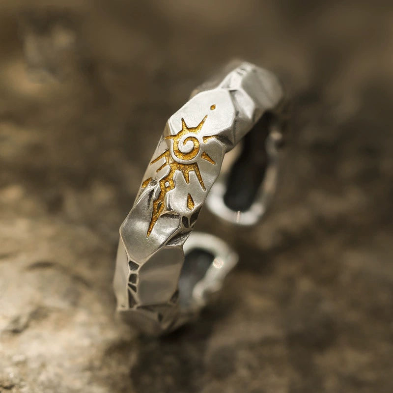 Hammered silver sun rune ring side view gold Taoist solar engraving Yang energy manifestation ring