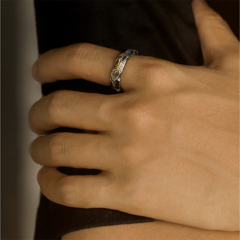 Hammered silver Taoist KaiGuang ring on hand side view fortune protection Yang energy ring