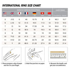  International ring size chart showing USA UK Japan France Germany Switzerland China sizes with circumference and diameter measurements in millimeters with finger measuring instructions
