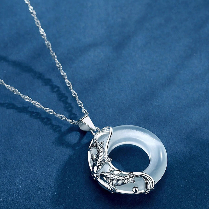  Jade Koi Fish KaiGuang Necklace Flat Lay White Jade Silver Koi Taoist Consecrated Love Fortune