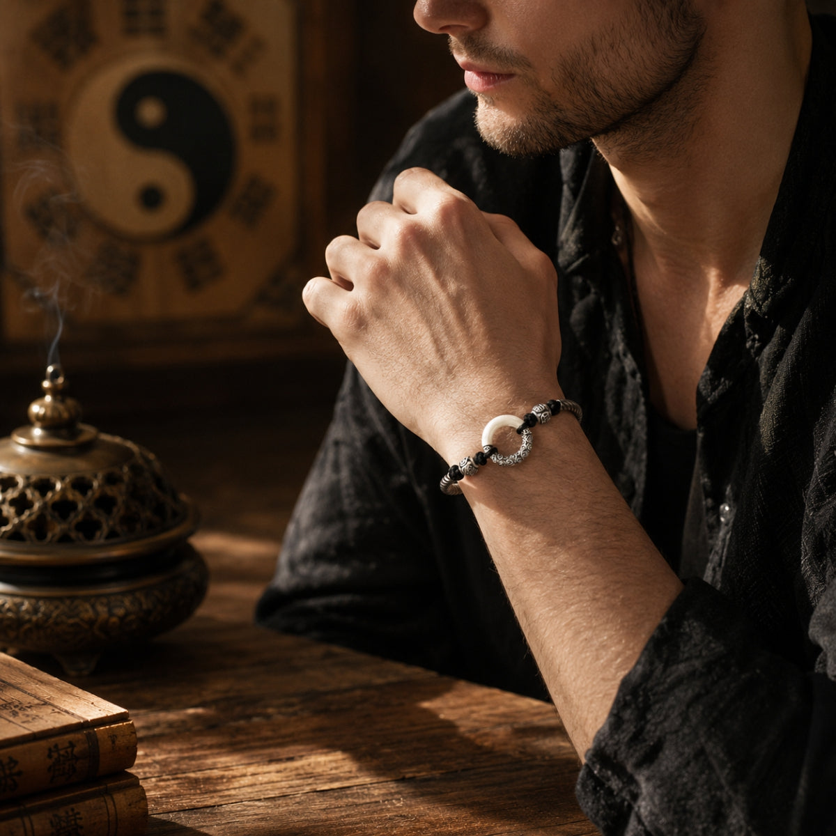Man in black shirt hands clasped in prayer wearing jade peace buckle protection bracelet on wrist yin yang bagua backdrop bronze incense burner rising smoke warm golden light wooden table ancient books Taoist KaiGuang evil warding yin yang balance