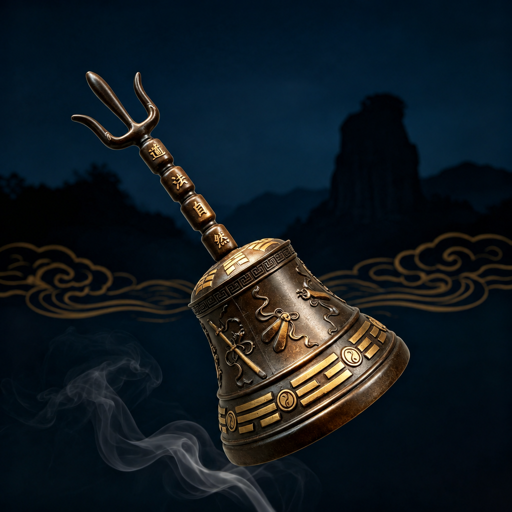 Kai Guang blessed Taoist Sanqing bell with three-prong handle and Bagua motifs