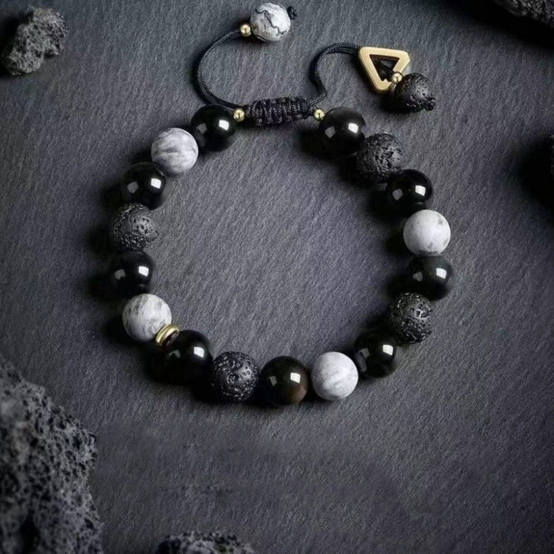 Top view of Kaiguang obsidian protection bracelet showing bead arrangement and energy structure
