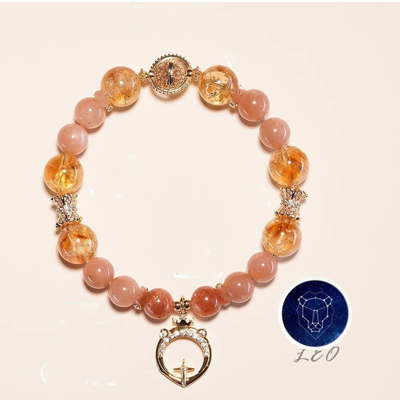 Leo zodiac orange sunstone and citrine crystal healing bracelet with gold crown constellation charm Taoist KaiGuang abundance manifestation spiritual jewelry