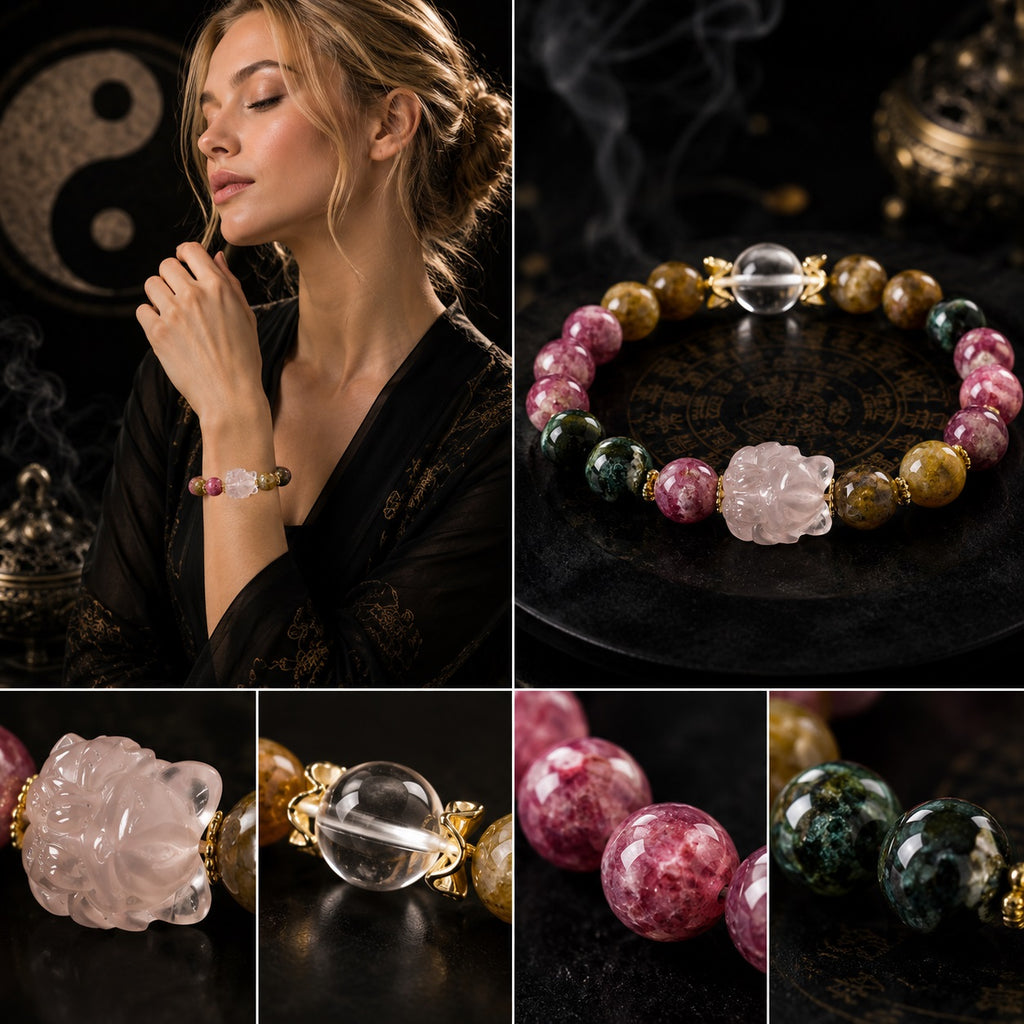 Blonde woman wearing rainbow tourmaline rose quartz nine-tail fox love attraction bracelet black silk robe Taoist yin yang background with crystal detail close up KaiGuang charm healing