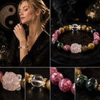 Blonde woman wearing rainbow tourmaline rose quartz nine-tail fox love attraction bracelet black silk robe Taoist yin yang background with crystal detail close up KaiGuang charm healing