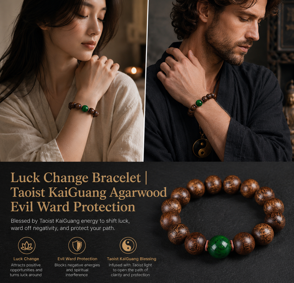  Luck change agarwood bracelet worn by man and woman showing Luck Change Evil Ward Protection and Taoist KaiGuang Blessing benefits infographic spiritual bracelet evil ward protection