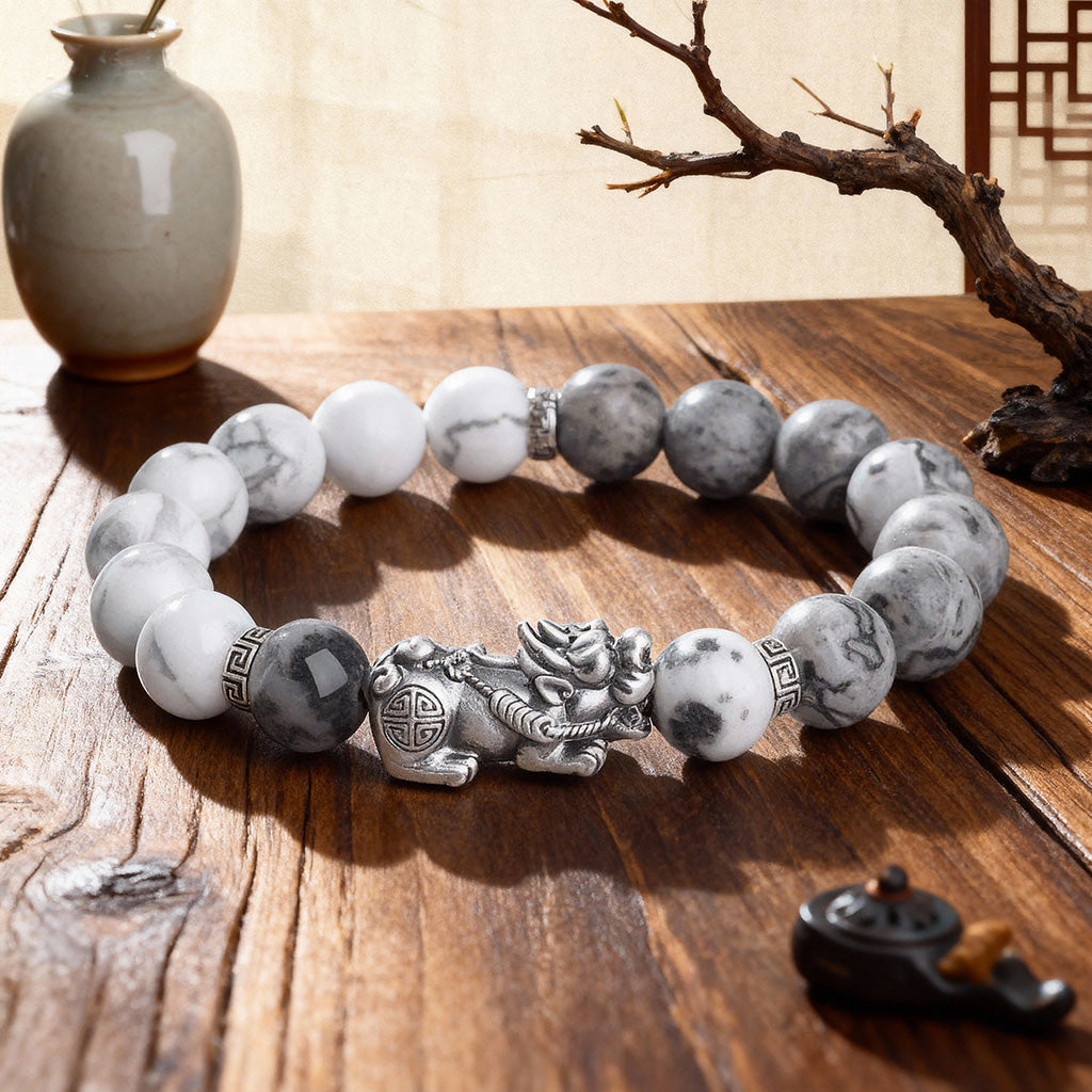 natural map stone pixiu bracelet taoist kaiguang wealth fortune career success vintage wood background