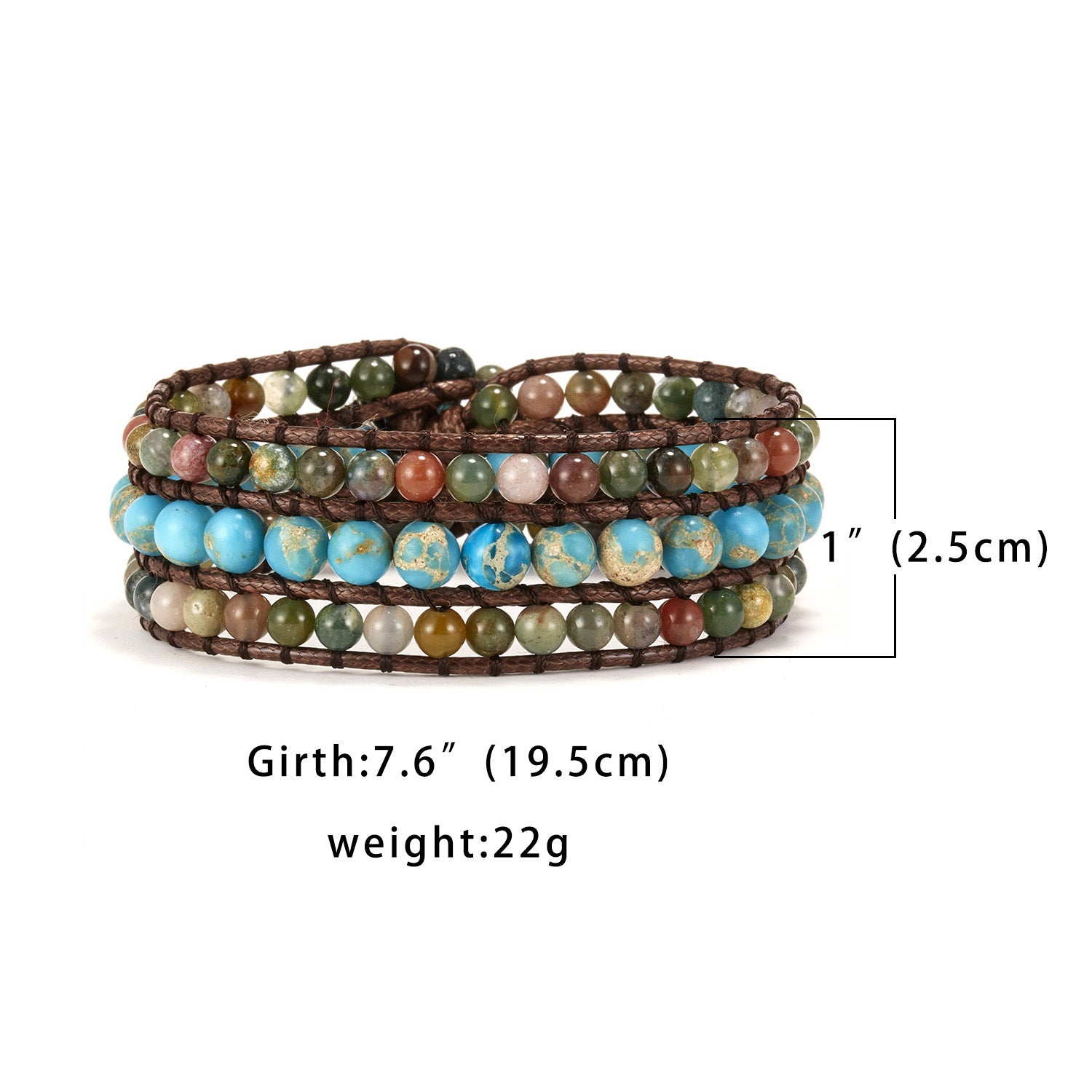 Matte gemstone triple wrap bracelet size chart showing 19.5cm girth and 2.5cm width natural stone beads