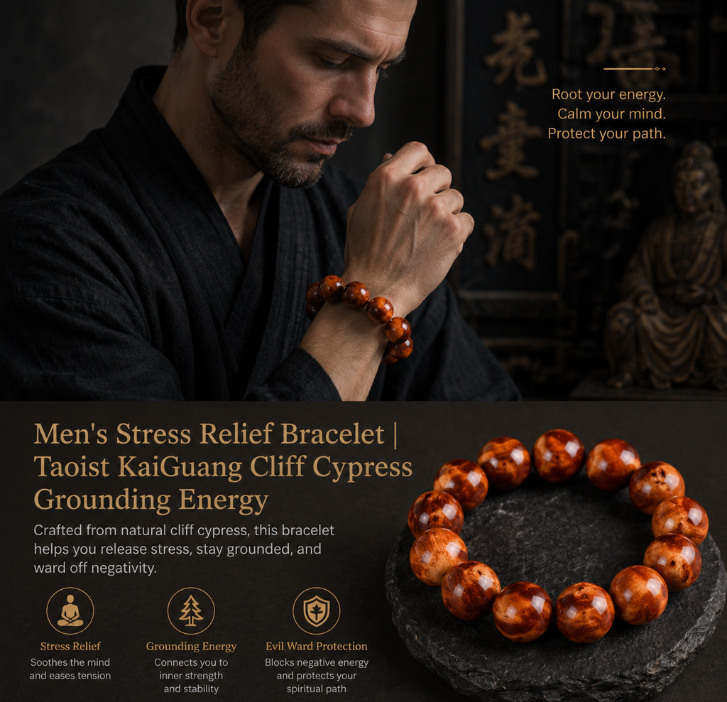 Man meditating wearing cliff cypress stress relief bracelet showing Stress Relief Grounding Energy and Evil Ward Protection benefits Taoist KaiGuang spiritual men's bracelet