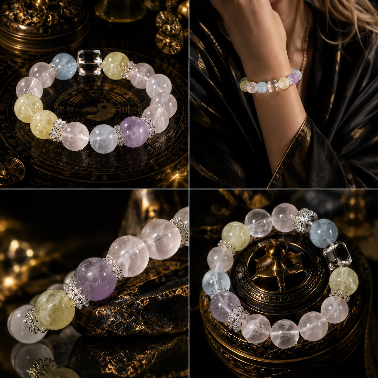 Milky quartz crystal healing bracelet four angles showing woman wearing on wrist and product detail shots with amethyst citrine aquamarine silver spacers on dark Taoist altar background