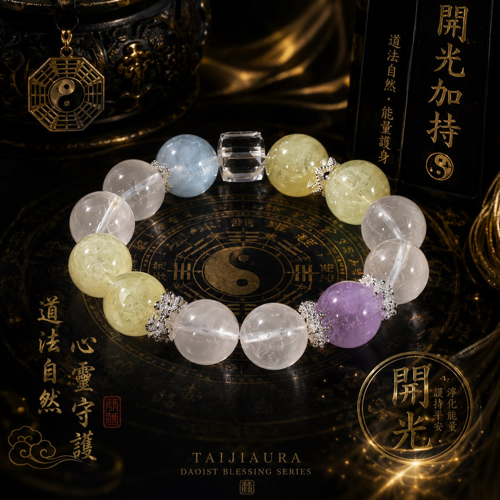 Milky quartz crystal healing bracelet with amethyst citrine and aquamarine displayed on Taoist bagua plate surrounded by bronze coins and yin yang symbol KaiGuang consecrated for good luck and negative energy cleansing