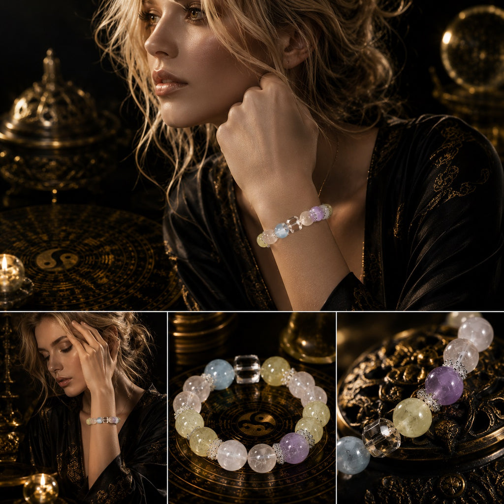 Milky quartz crystal healing bracelet three angle collage woman wearing on wrist overhead product shot and close up bead detail amethyst citrine aquamarine KaiGuang good luck