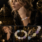 Milky quartz crystal healing bracelet three angle collage woman wearing on wrist overhead product shot and close up bead detail amethyst citrine aquamarine KaiGuang good luck