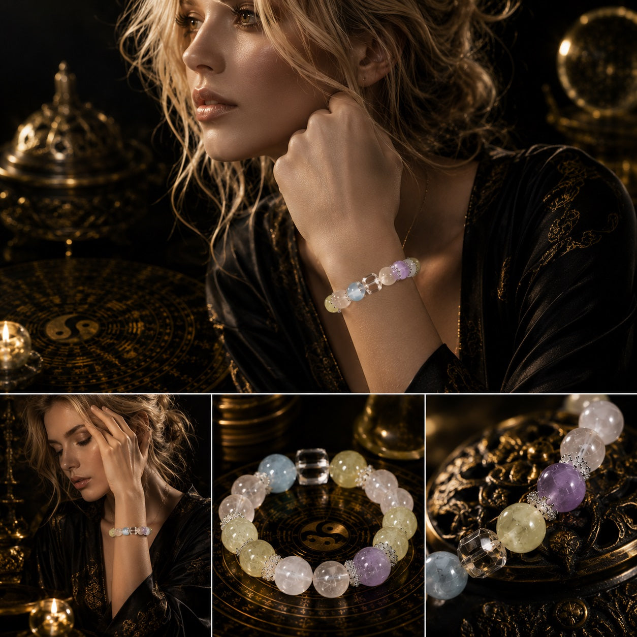 Milky quartz crystal healing bracelet three angle collage woman wearing on wrist overhead product shot and close up bead detail amethyst citrine aquamarine KaiGuang good luck