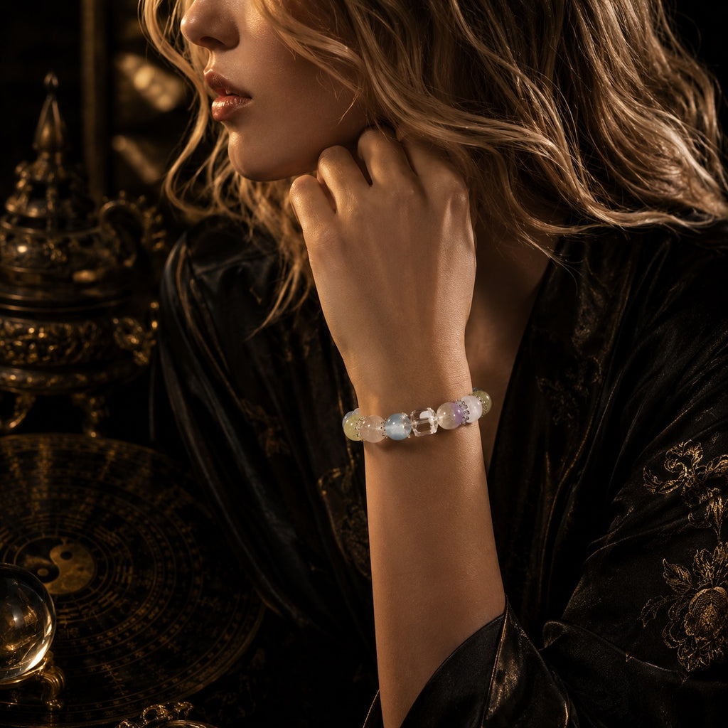 Woman wearing milky quartz crystal healing bracelet with amethyst and citrine beads silver spacers against dark luxury velvet background with antique bronze decor KaiGuang negative energy protection