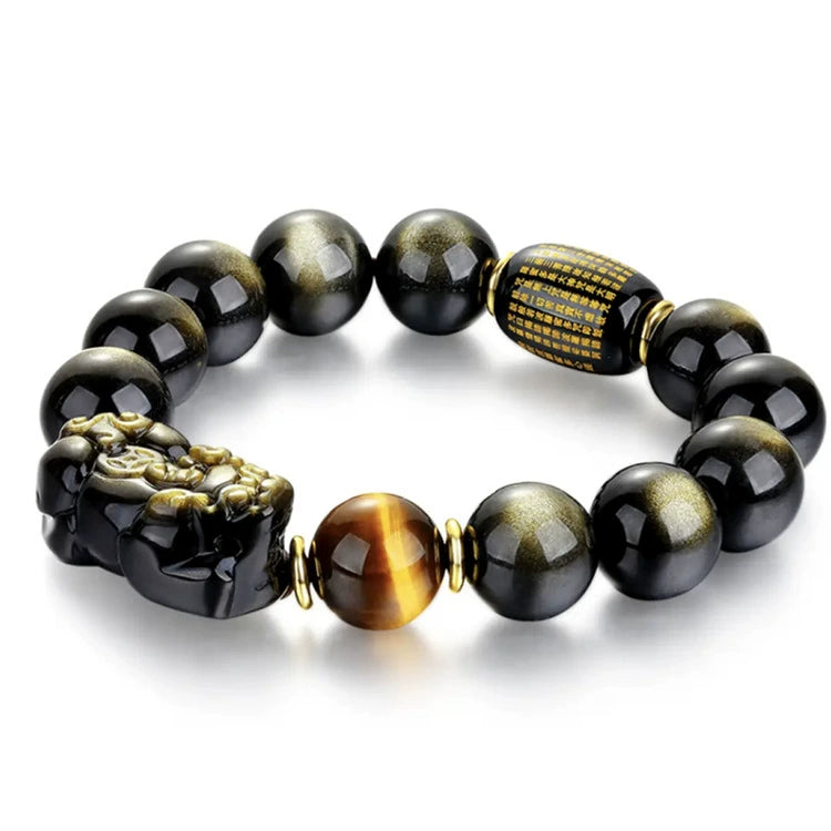 Natural gold obsidian Pixiu bracelet with tiger eye and Taoist rune barrel bead wealth talisman on white background