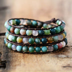 Natural matte stone triple layer wrap bracelet multicolor beads with silver heart clasp on stone