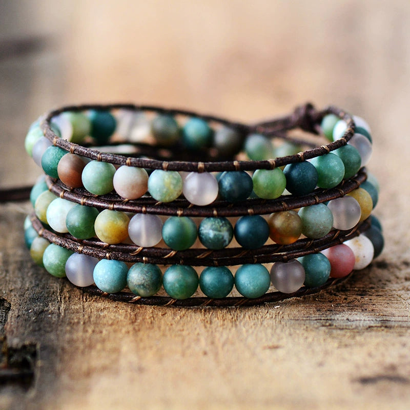 Natural matte stone triple layer wrap bracelet multicolor beads with silver heart clasp on stone