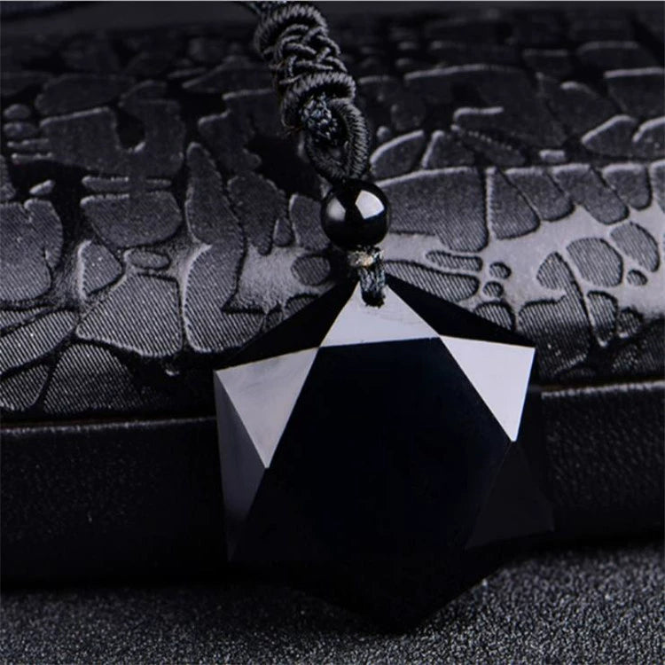 obsidian six star pendant taoist kaiguang evil ward protection volcanic glass dark background