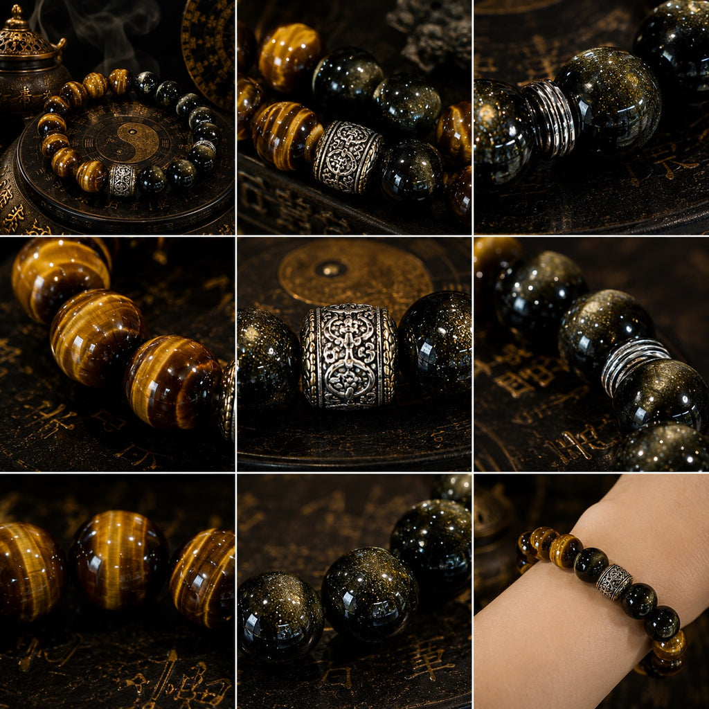 Obsidian tiger eye protection strength bracelet nine angle detail collage silver engraved barrel bead tiger eye stripe close up dark Taoist yin yang copper coin background KaiGuang