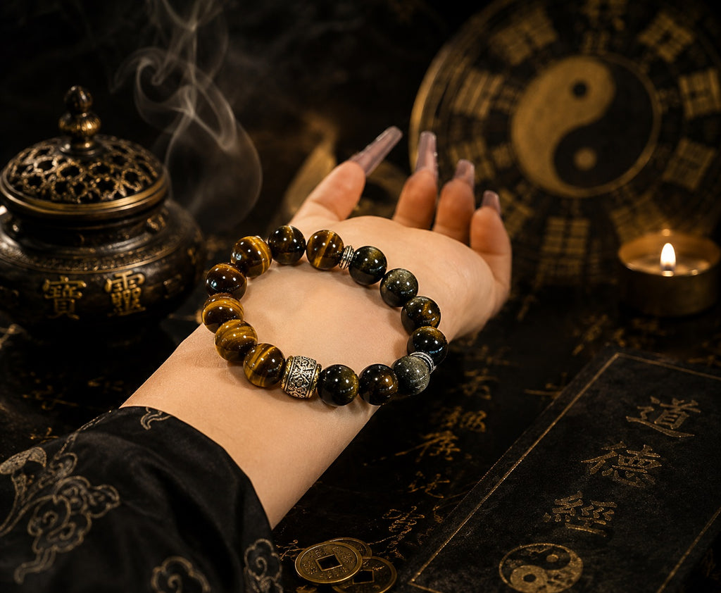 Woman holding obsidian tiger eye protection strength bracelet with silver spacers on palm Taoist yin yang incense burner candlelight dark background KaiGuang consecrated