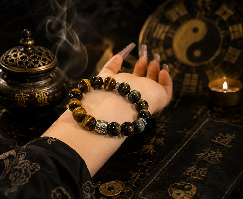 Woman holding obsidian tiger eye protection strength bracelet with silver spacers on palm Taoist yin yang incense burner candlelight dark background KaiGuang consecrated
