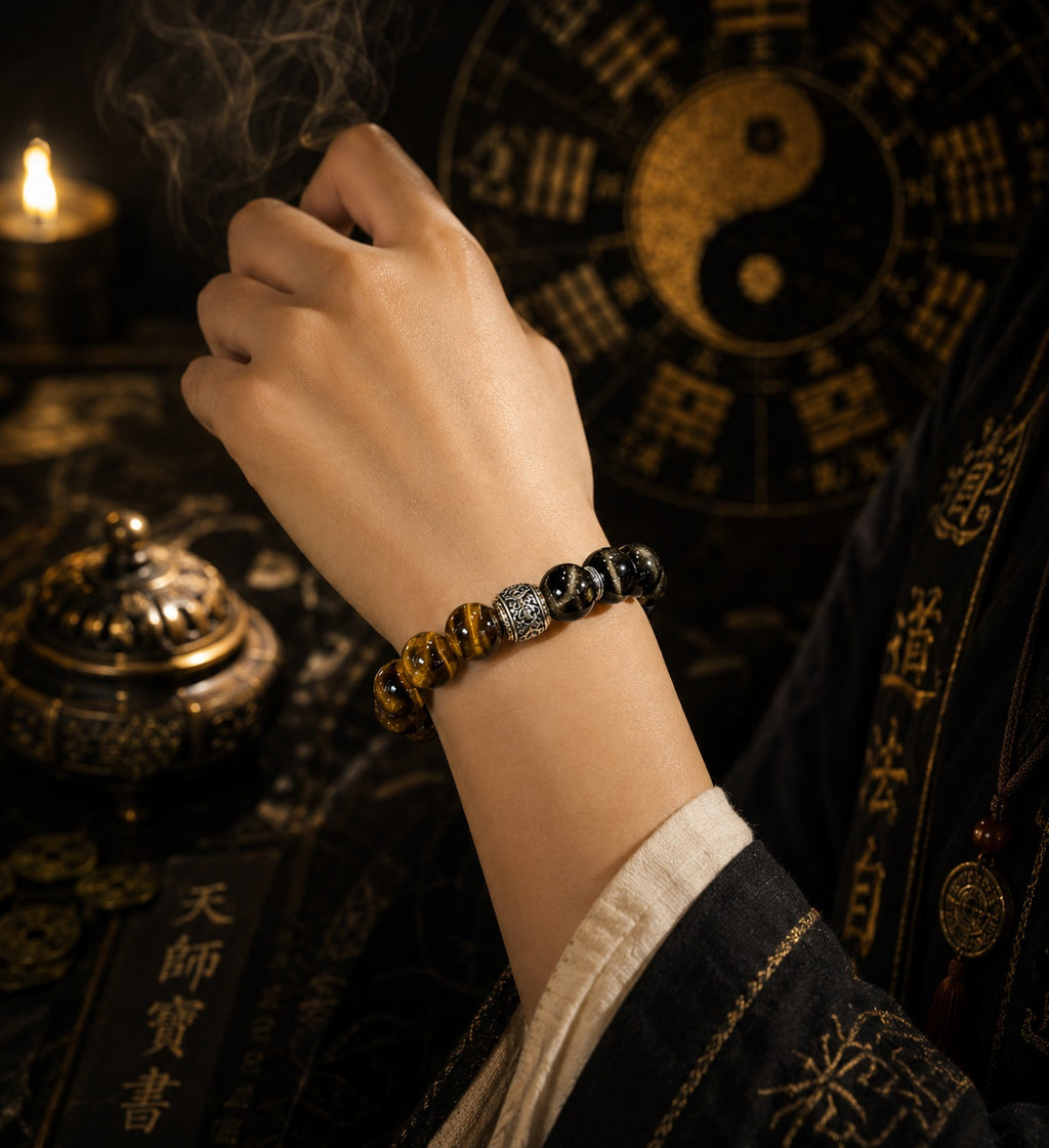 Woman wearing obsidian tiger eye protection strength bracelet silver engraved spacer bead wrist Taoist yin yang Tianshi temple dark background KaiGuang