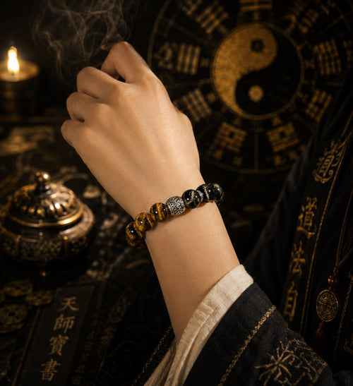 Woman wearing obsidian tiger eye protection strength bracelet silver engraved spacer bead wrist Taoist yin yang Tianshi temple dark background KaiGuang