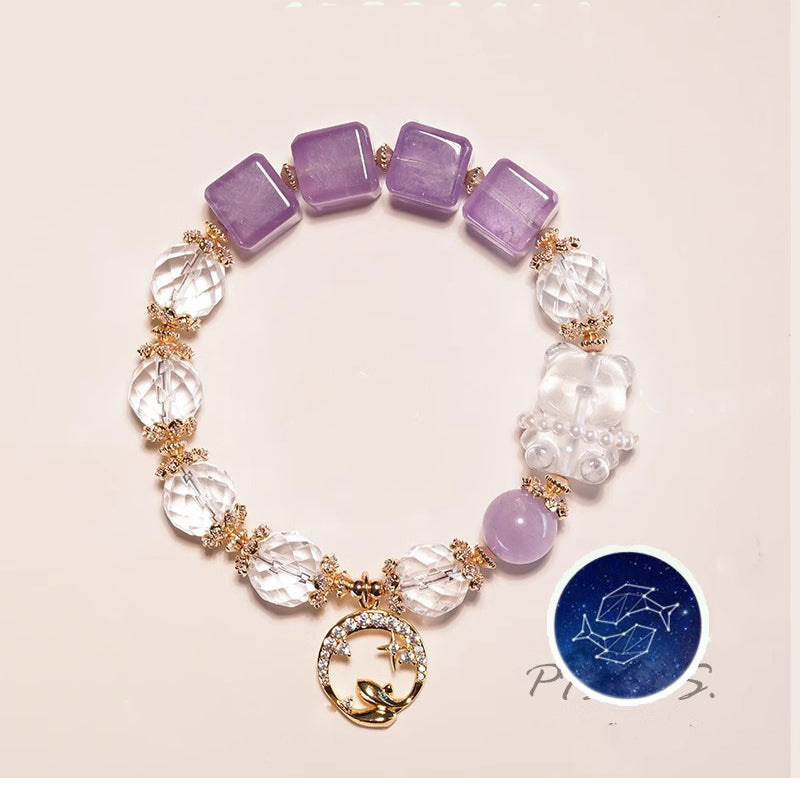 Pisces zodiac square amethyst and faceted clear quartz crystal healing bracelet with white pixiu charm and gold fish constellation charm Taoist KaiGuang manifestation spiritual jewelry

