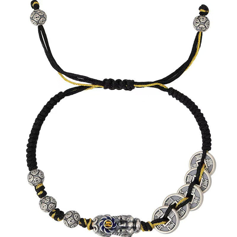 Pixiu five coin fortune seal bracelet full circle view on white background black yellow braided cord with silver coin pattern beads and ancient coins