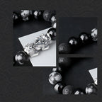  Pixiu obsidian KaiGuang wealth bracelet triple detail showing silver Pixiu carving snowflake obsidian grain and volcanic lava bead texture