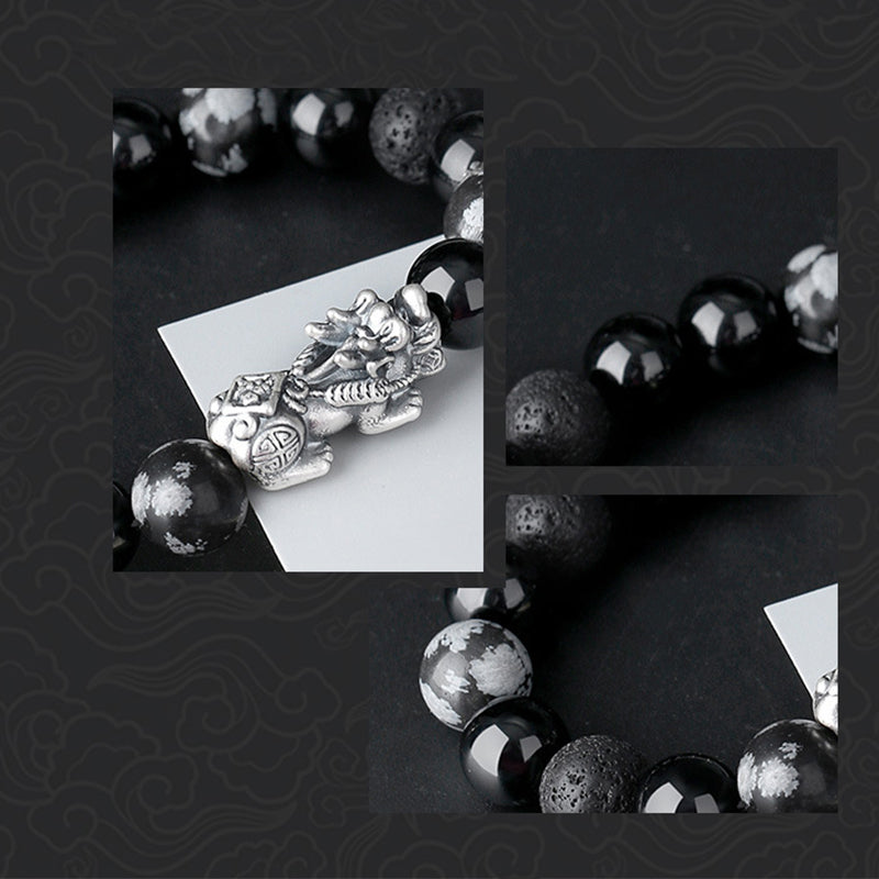  Pixiu obsidian KaiGuang wealth bracelet triple detail showing silver Pixiu carving snowflake obsidian grain and volcanic lava bead texture