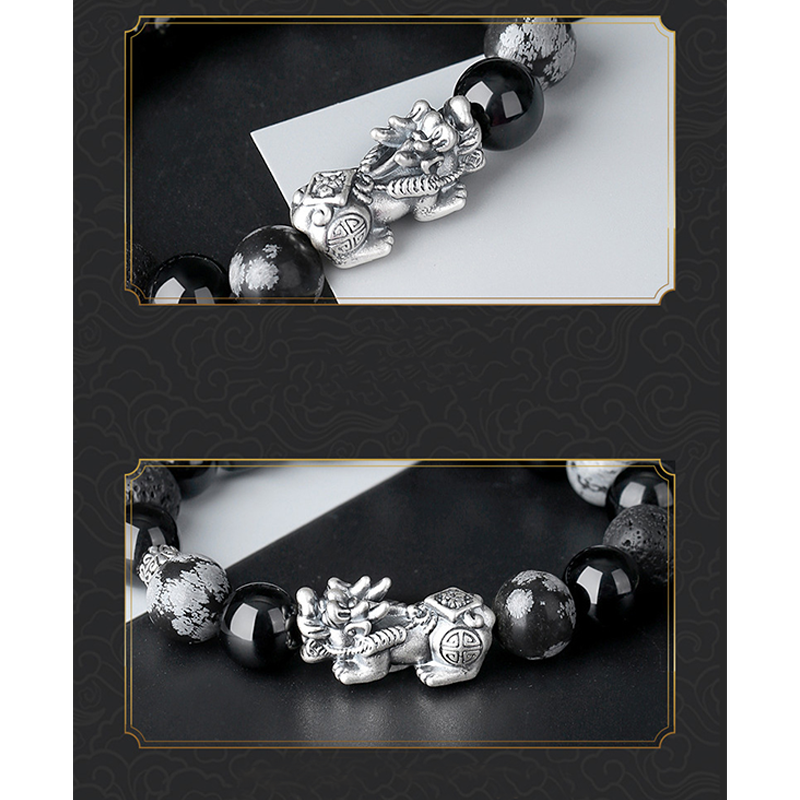 Silver Pixiu charm close up detail and obsidian volcanic stone KaiGuang bracelet full view on black background with gold frame