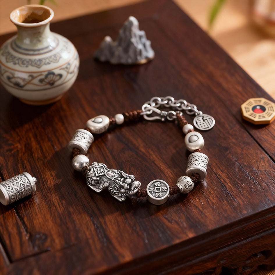 Pixiu KaiGuang Bracelet — full S925 silver bead structure and wealth design top-down view