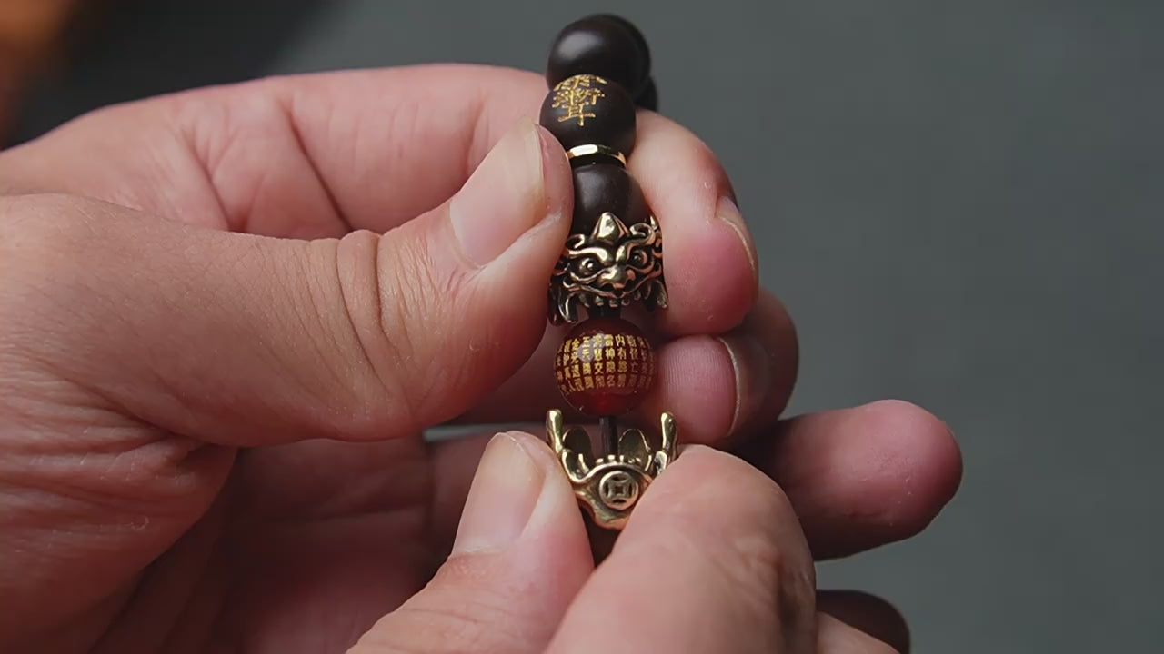 Natural Thunder Strike Wood Pixiu Feng Shui Bracelet - Wealth Protection Evil Ward Off Good Luck Prayer Beads