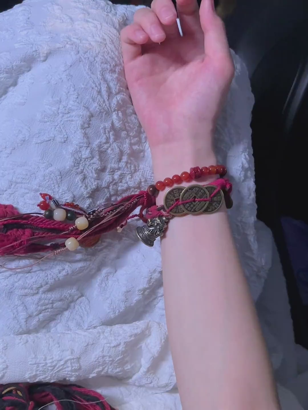Tibetan Five-Ghost Coins Bell Energy Meditation Bracelet | Red Rope