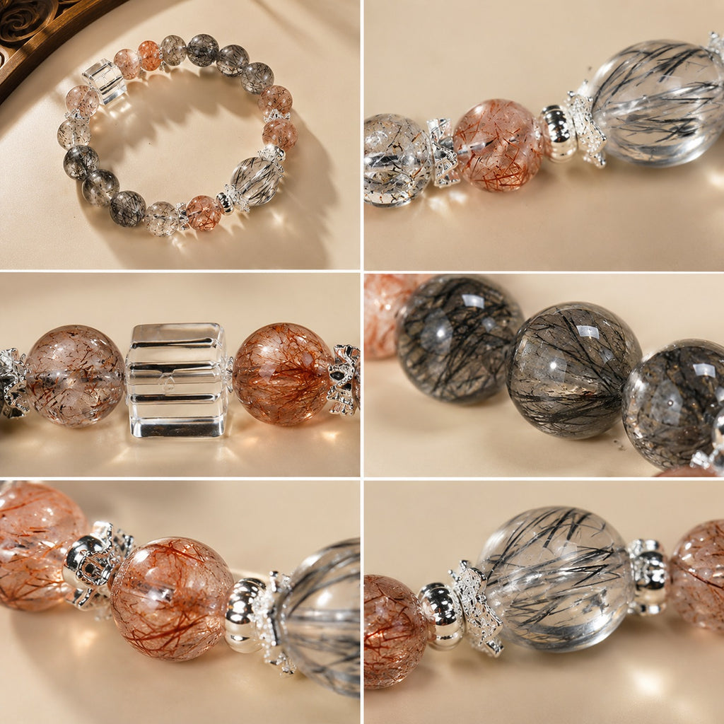 Black rutilated quartz strawberry quartz protection grounding bracelet six angle detail collage silver crown spacers clear quartz cube bead close up rutile needle inclusions KaiGuang