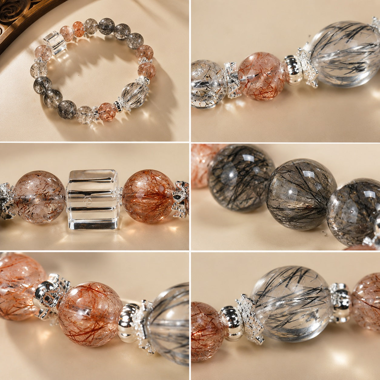 Black rutilated quartz strawberry quartz protection grounding bracelet six angle detail collage silver crown spacers clear quartz cube bead close up rutile needle inclusions KaiGuang
