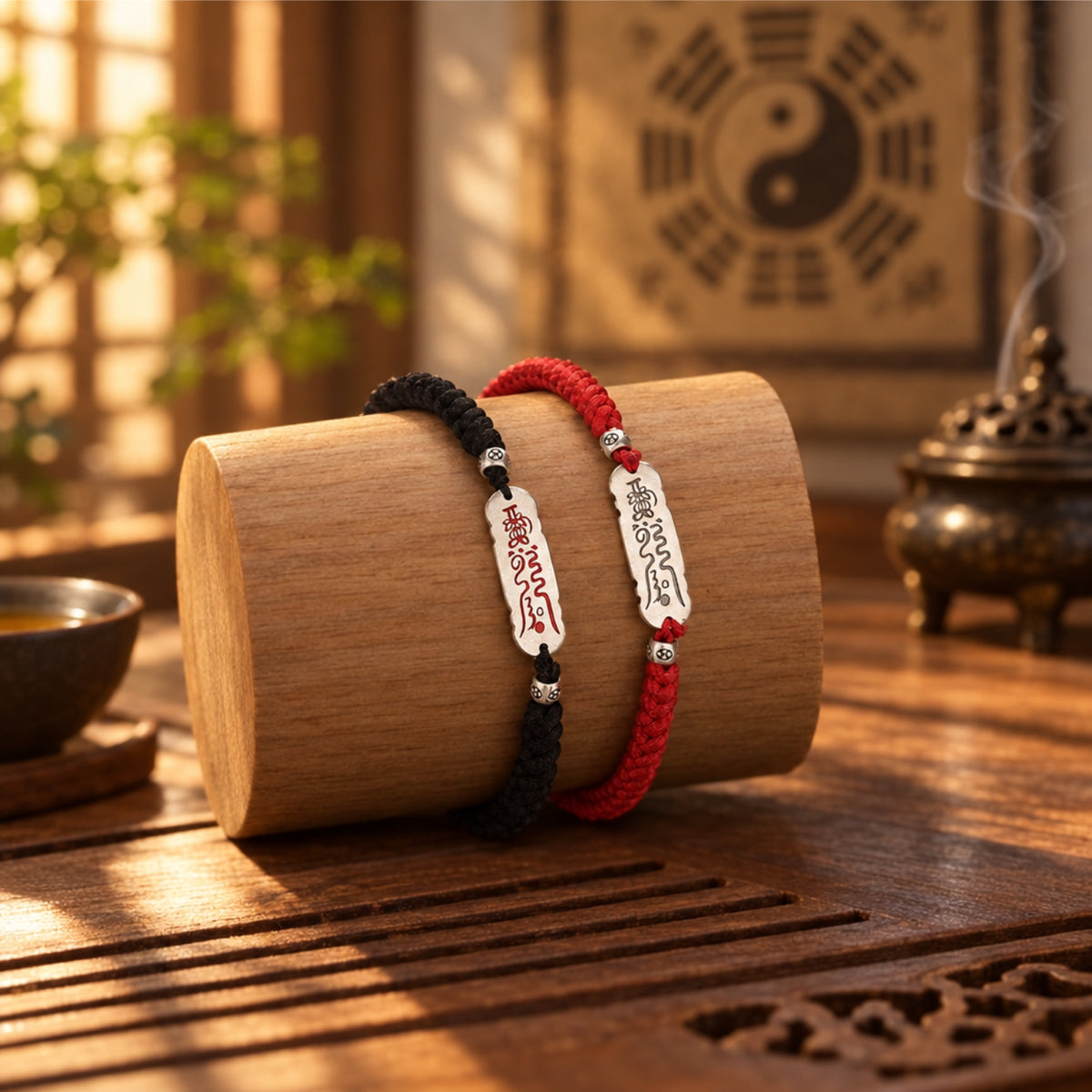 Red and black string Taoist luck bracelets displayed together on a wooden stump, a matching couple set