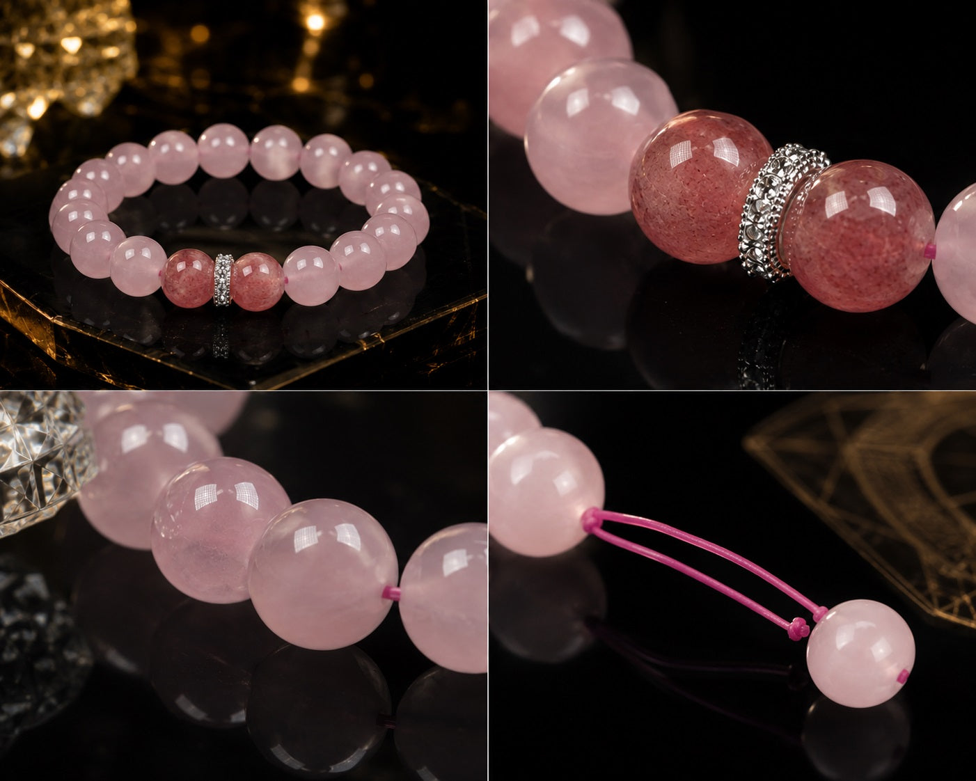 Rose quartz heart chakra bracelet four angle detail strawberry quartz focal bead silver spacer close up pink elastic cord natural crystal self-love